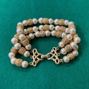 Trifari 3 Strand Gold and Pearl Color 7 3/4" Bracelet